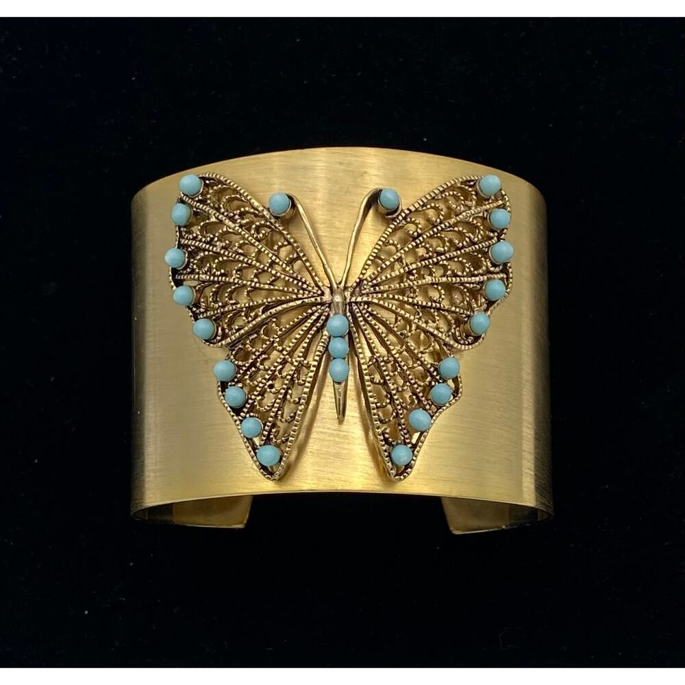 Vintage Gold Tone Butterfly Cuff Bracelet Filigree Light Blue Faux Stones 7"